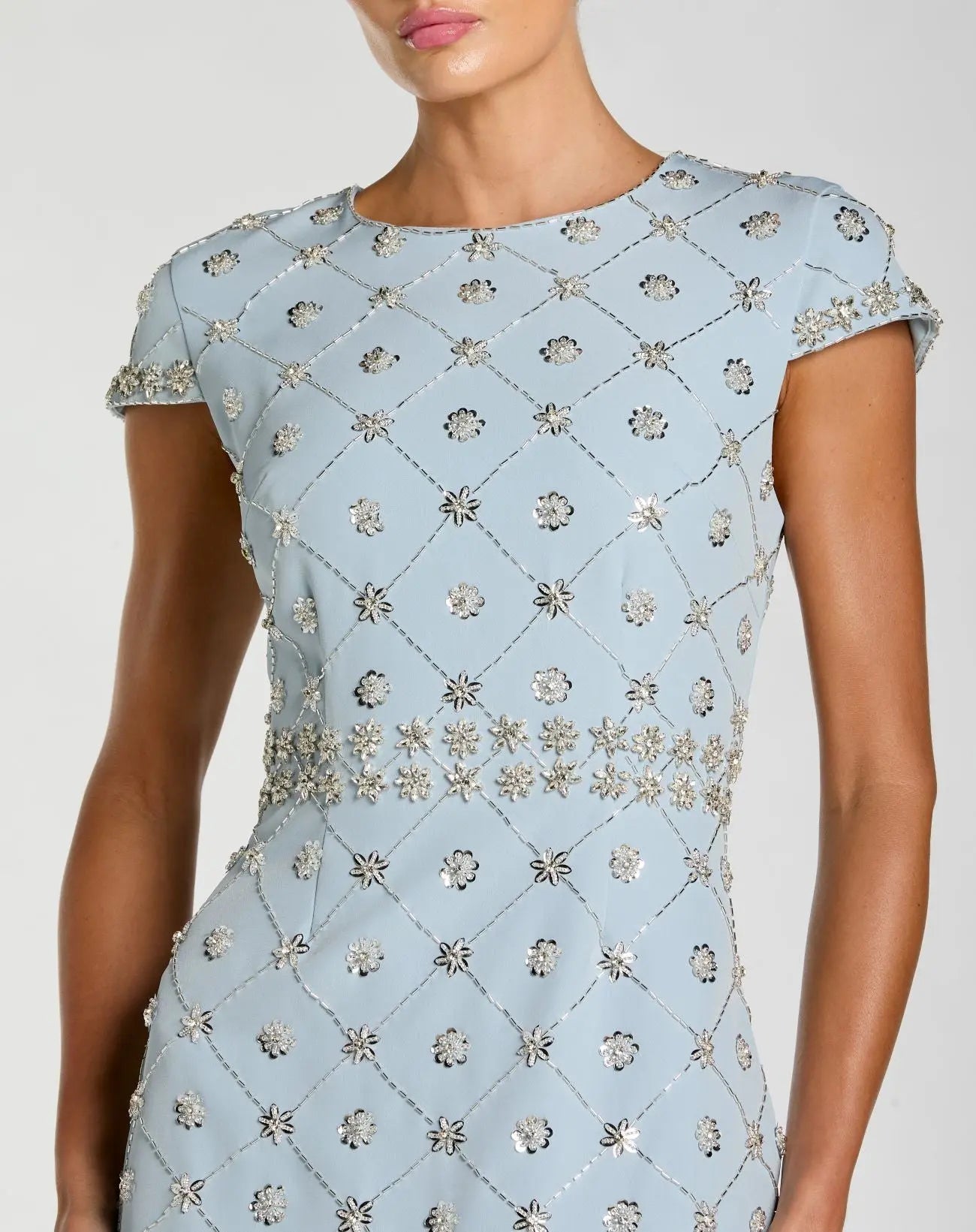 Mac Duggal 2234 Powder Blue crepe embellished high neck cap sleeve midi dress - detail