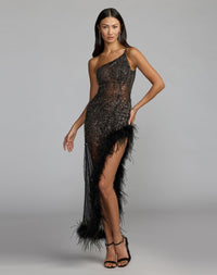 Mac Duggal #2240 black one shoulder embellished dress with feather trim