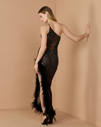 Mac Duggal #2240 black embellished dress lifestyle back view