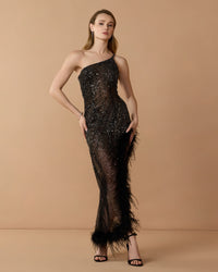 Mac Duggal #2240 black embellished feather trim dress lifestyle