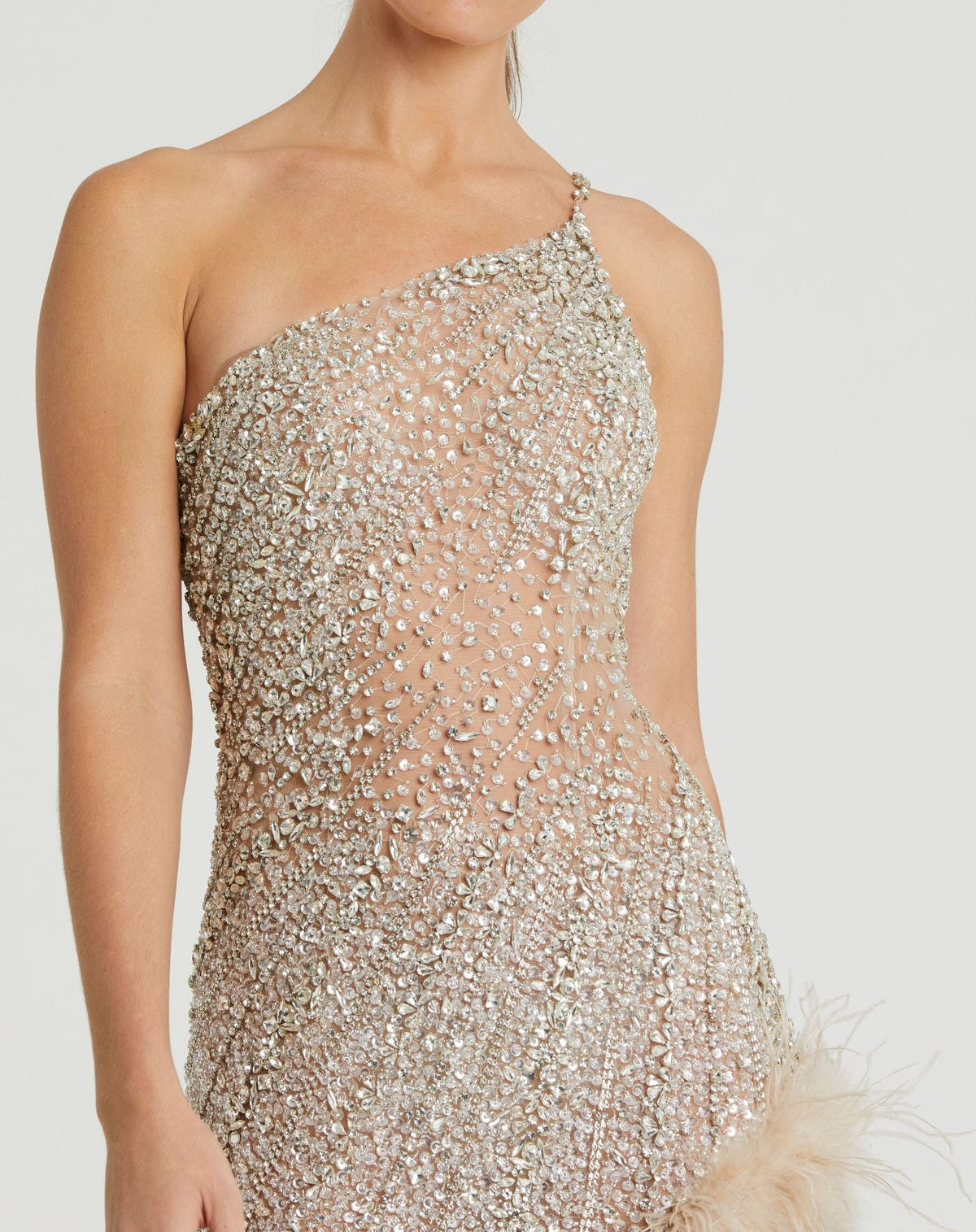 Mac Duggal #2240 porcelain one shoulder dress close-up