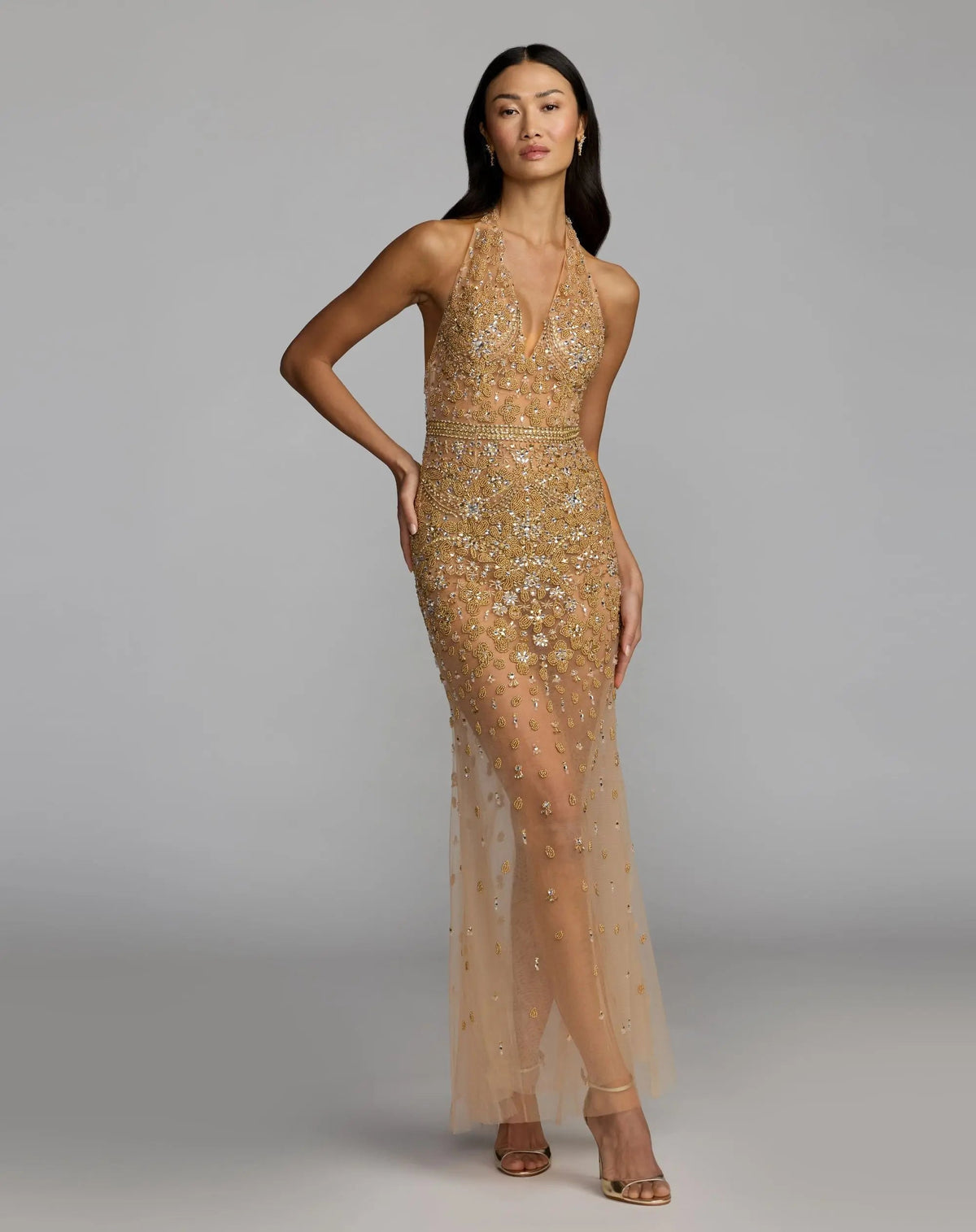 Mac Duggal #2241 nude silver crystal embellished halter open back gown