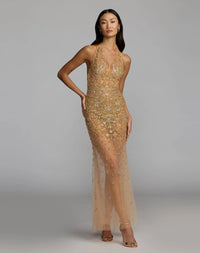 Mac Duggal #2241 nude silver crystal embellished halter open back gown