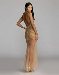 Mac Duggal #2241 nude silver crystal embellished gown open back