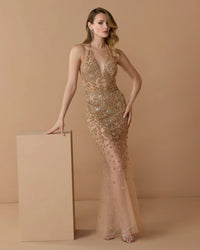 Mac Duggal #2241 nude silver crystal embellished halter gown