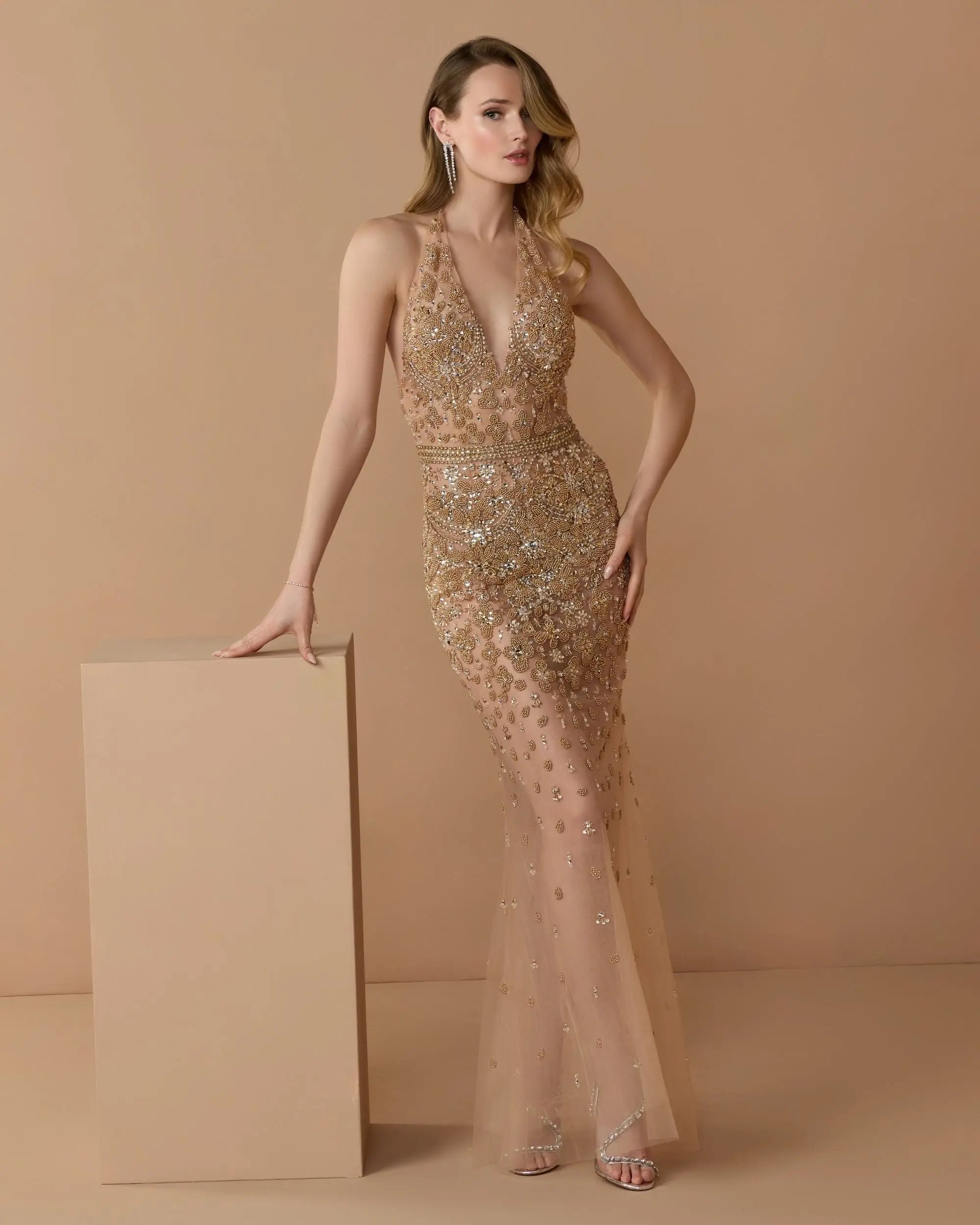 Mac Duggal #2241 nude silver crystal embellished halter gown