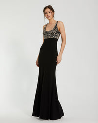Mac Duggal Black Embellished Scoop Neck Fitted Jersey Gown #2253

