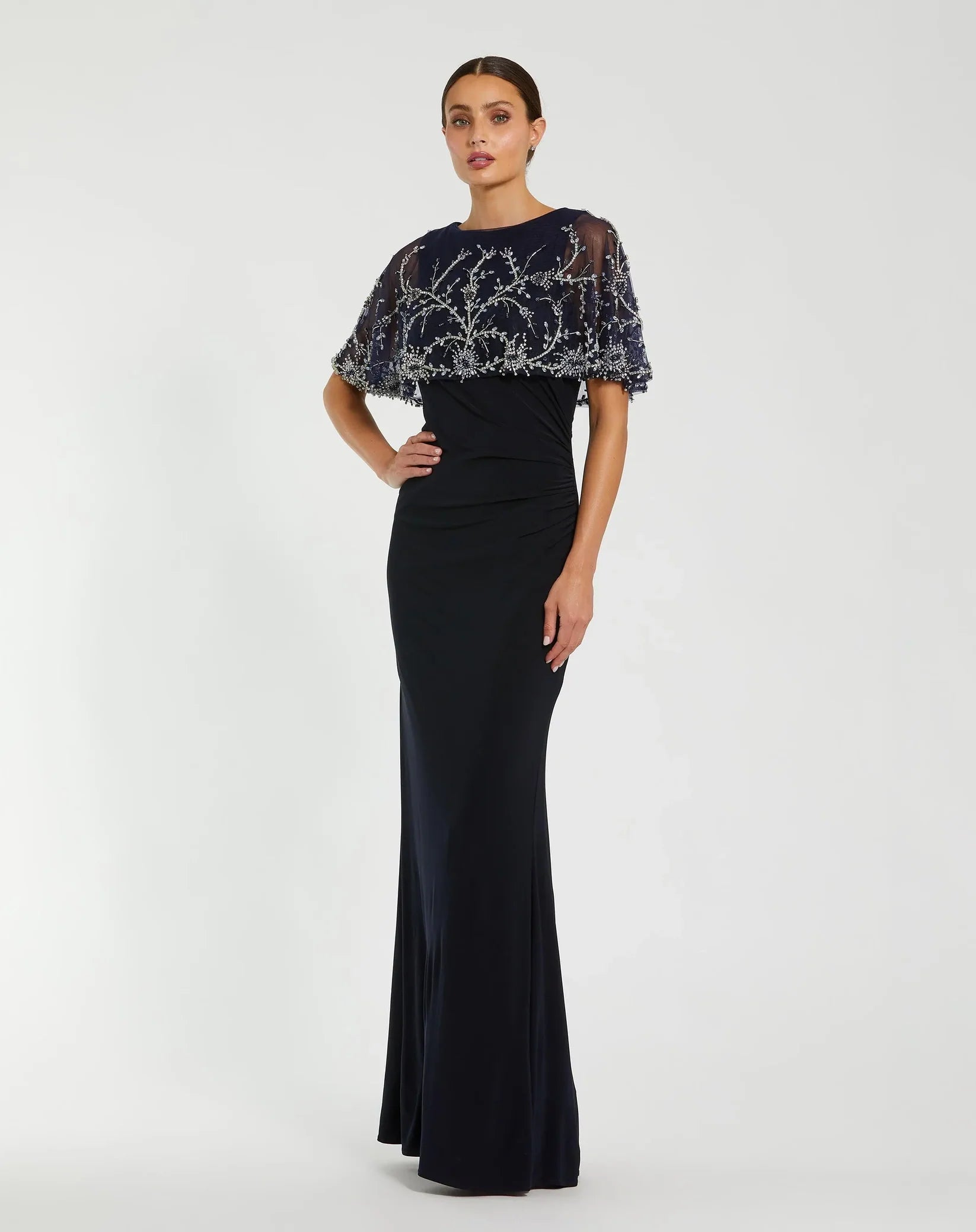 Mac Duggal Navy Fitted Jersey Gown with Embellished Cape #2257