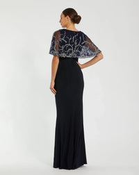 Mac Duggal Navy Fitted Jersey Gown with Embellished Cape #2257