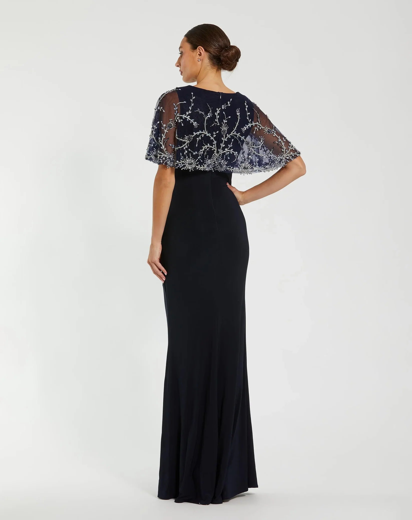 Mac Duggal Navy Fitted Jersey Gown with Embellished Cape #2257