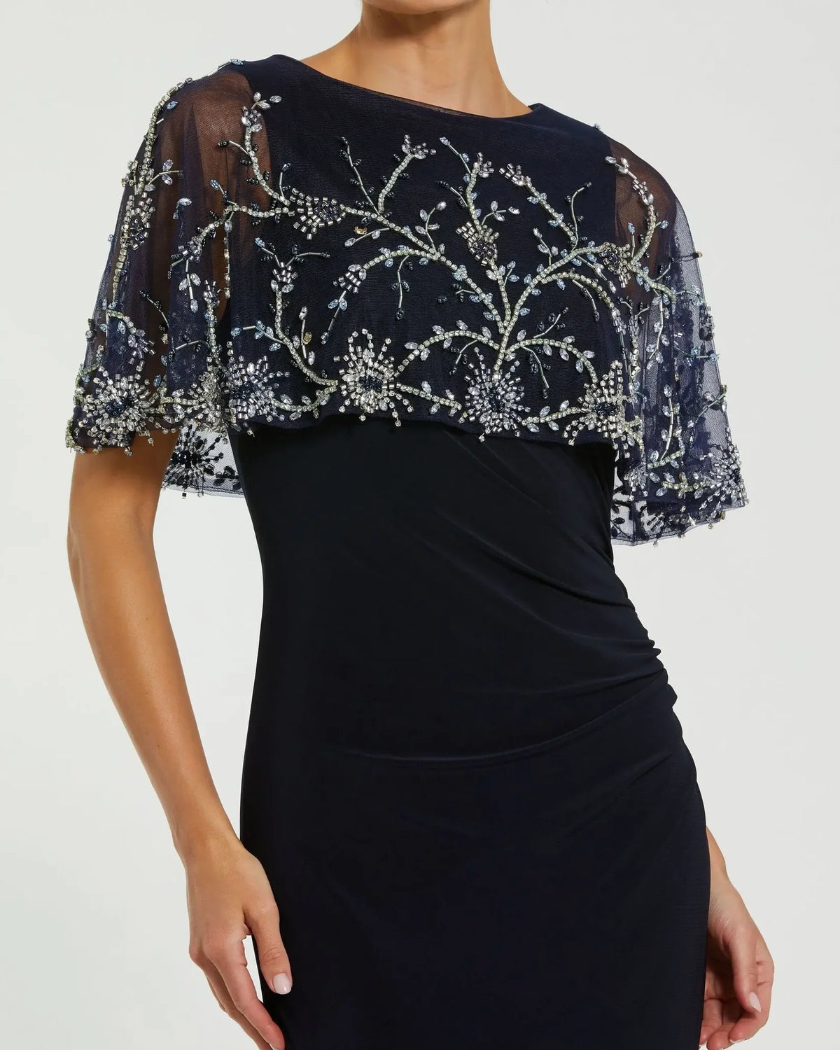 Mac Duggal Navy Fitted Jersey Gown with Embellished Cape #2257