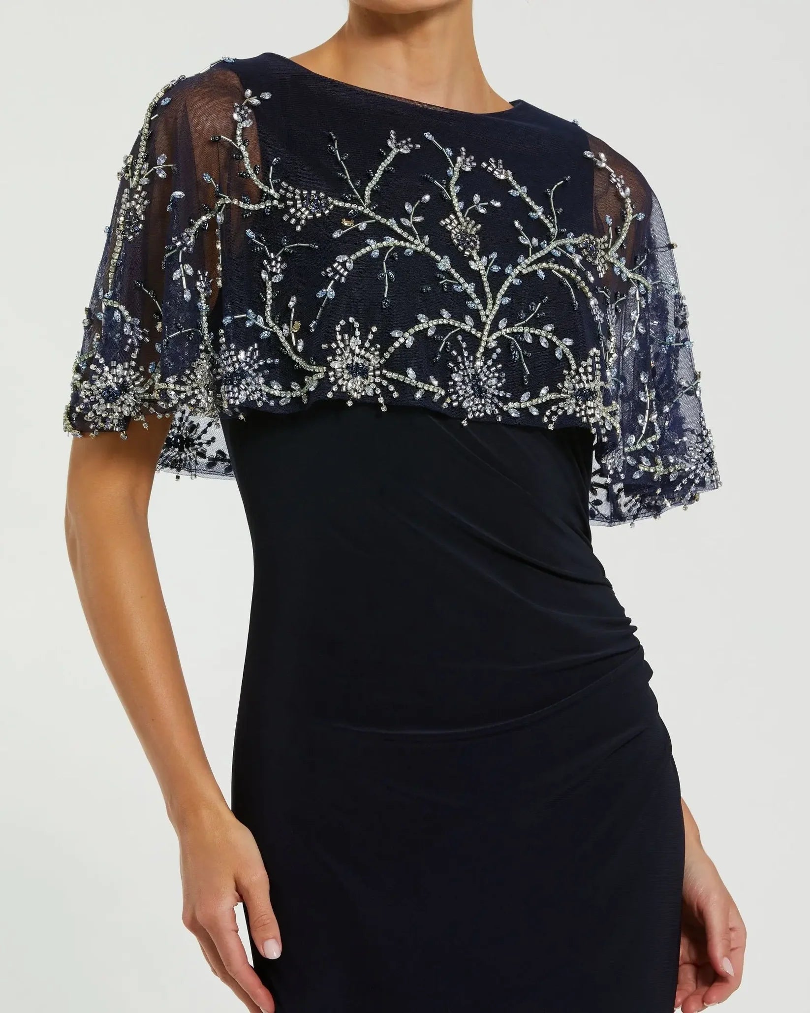 Mac Duggal Navy Fitted Jersey Gown with Embellished Cape #2257