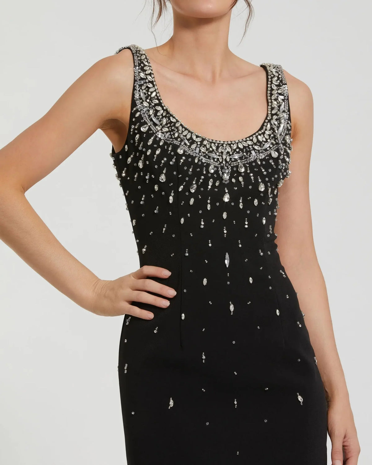 Beaded Crepe Scoop Neck Sleeveless Midi Dress - Black