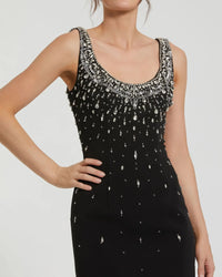 Beaded Crepe Scoop Neck Sleeveless Midi Dress - Black