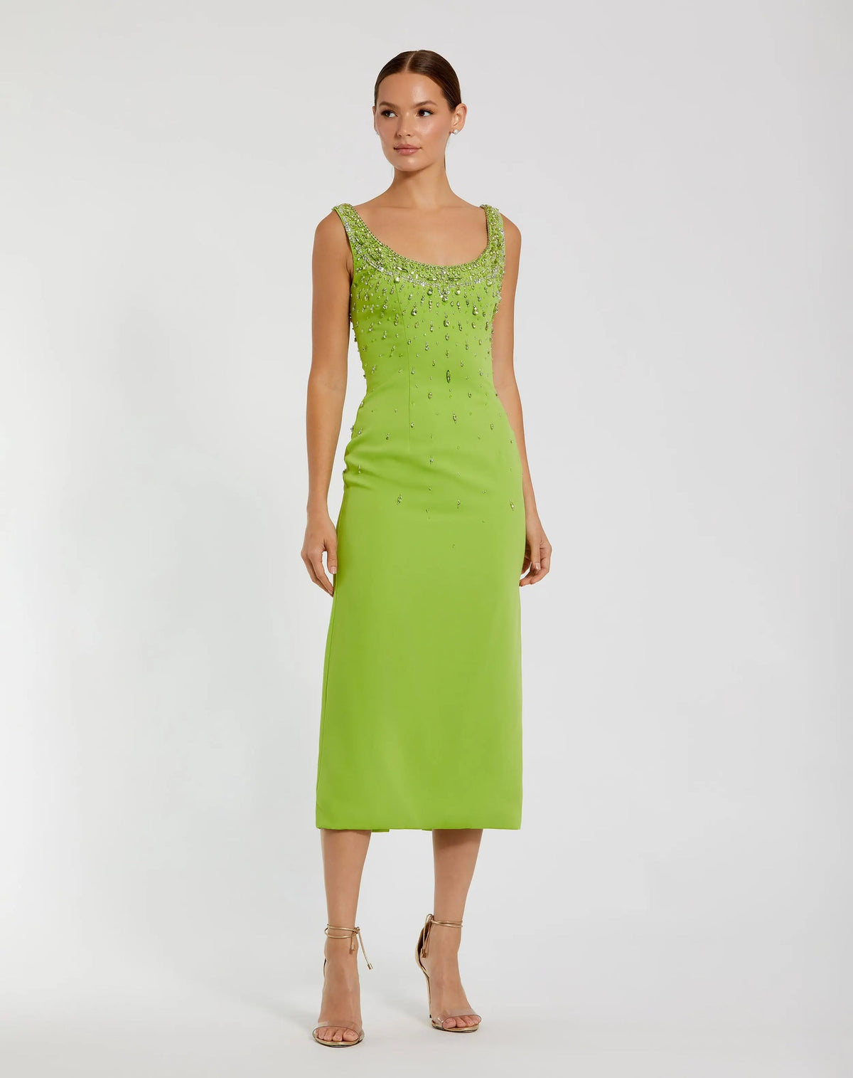 Mac Duggal Lime Green Beaded Crepe Scoop Neck Sleeveless Midi Dress #2259