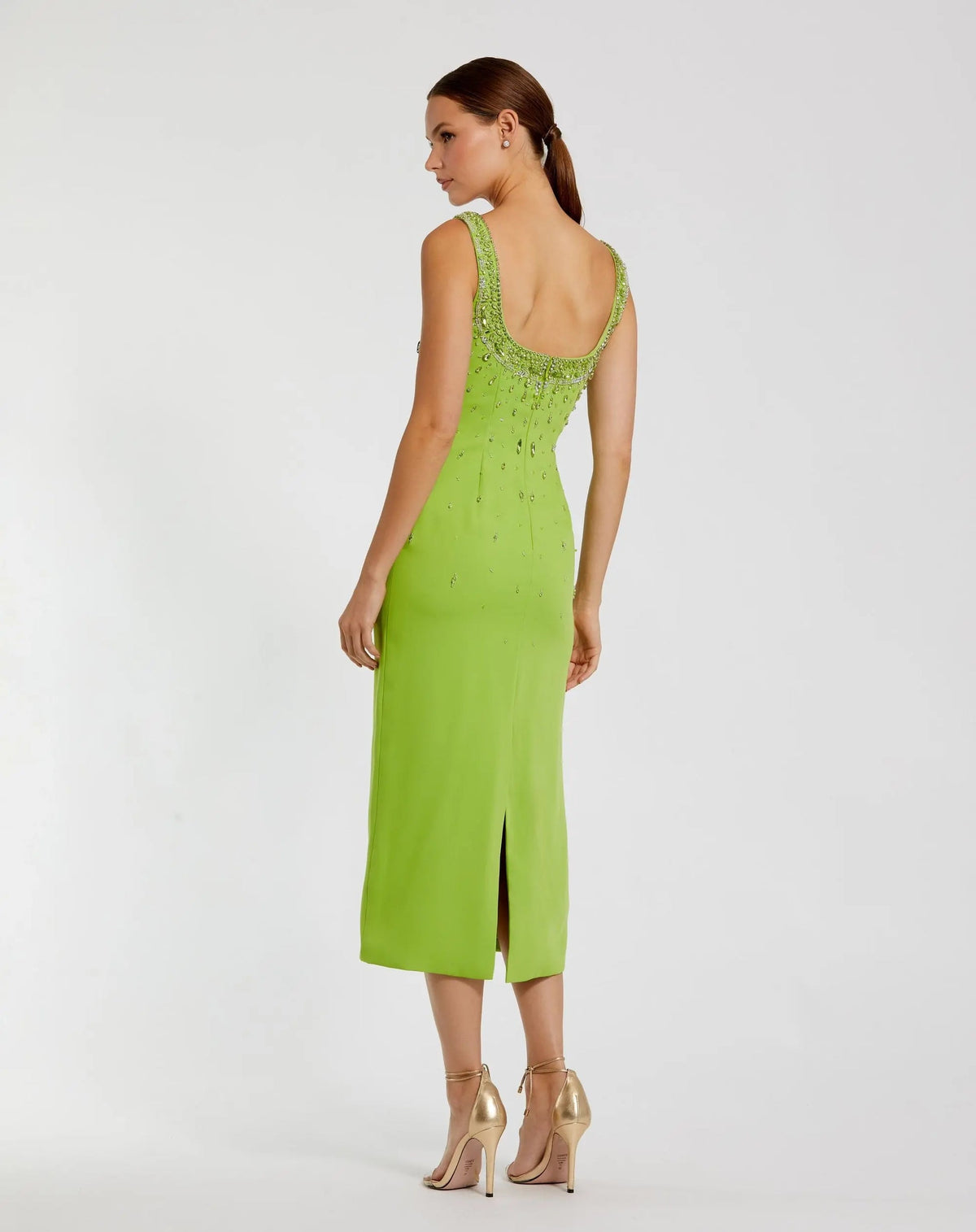 Mac Duggal Pear Green Beaded Crepe Scoop Neck Sleeveless Midi Dress #2259 back view