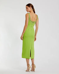 Mac Duggal Pear Green Beaded Crepe Scoop Neck Sleeveless Midi Dress #2259 back view