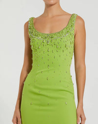 Mac Duggal Pear Green Beaded Crepe Scoop Neck Sleeveless Midi Dress #2259