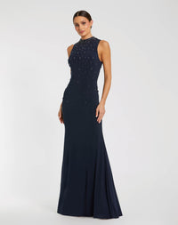 Mac Duggal #2260 Navy Rhinestone Embellished Sleeveless Crepe Gown