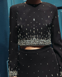 Mac Duggal #2261 black embellished top and mini skirt set