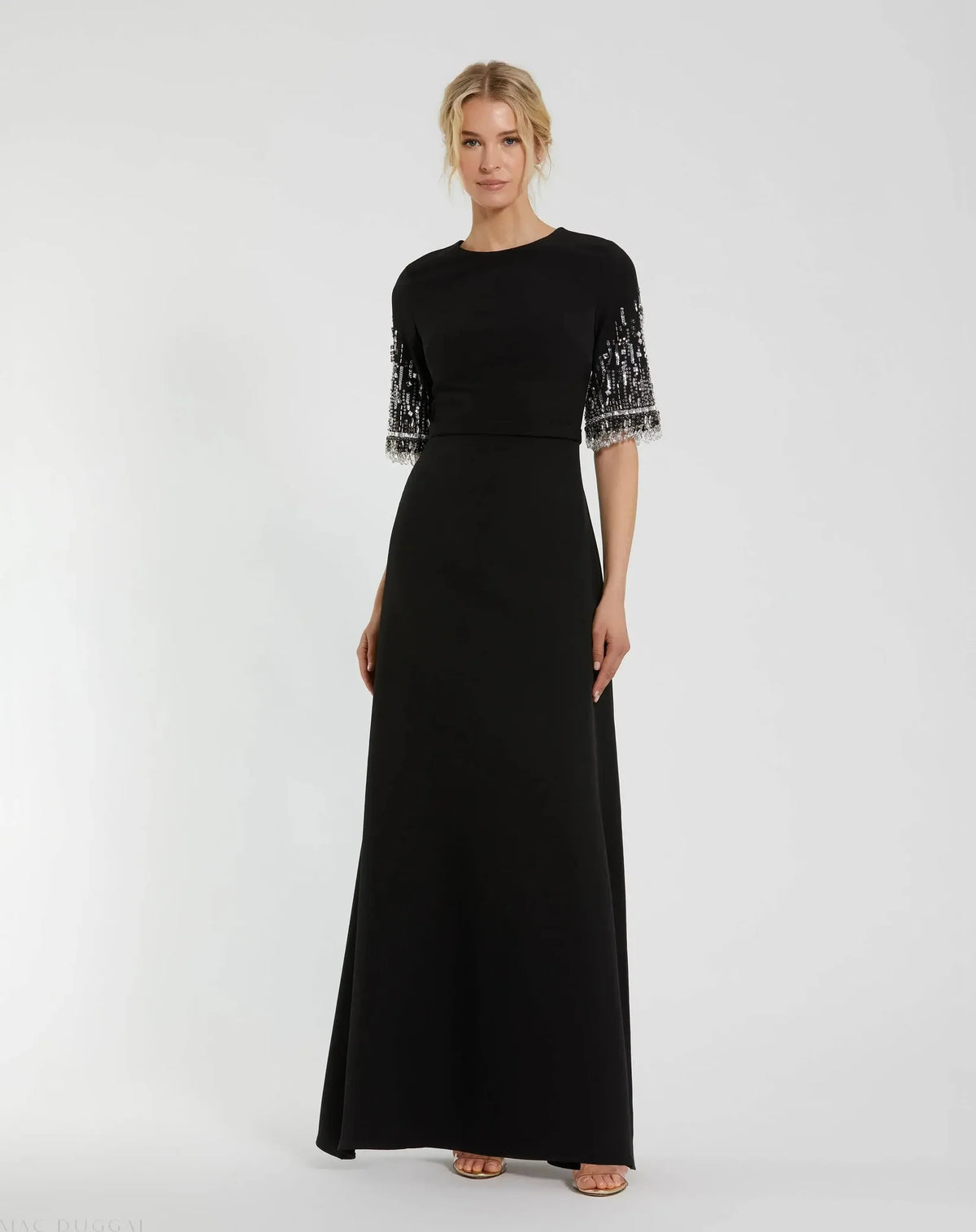 Mac Duggal 2270 Black crepe A-line gown with beaded 3/4 sleeves - front