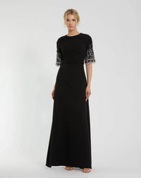Mac Duggal 2270 Black crepe A-line gown with beaded 3/4 sleeves - front
