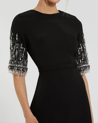 Mac Duggal 2270 Black crepe A-line gown with beaded 3/4 sleeves - detail