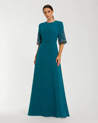 Mac Duggal 2270 Ocean crepe A-line gown with beaded 3/4 sleeves - front
