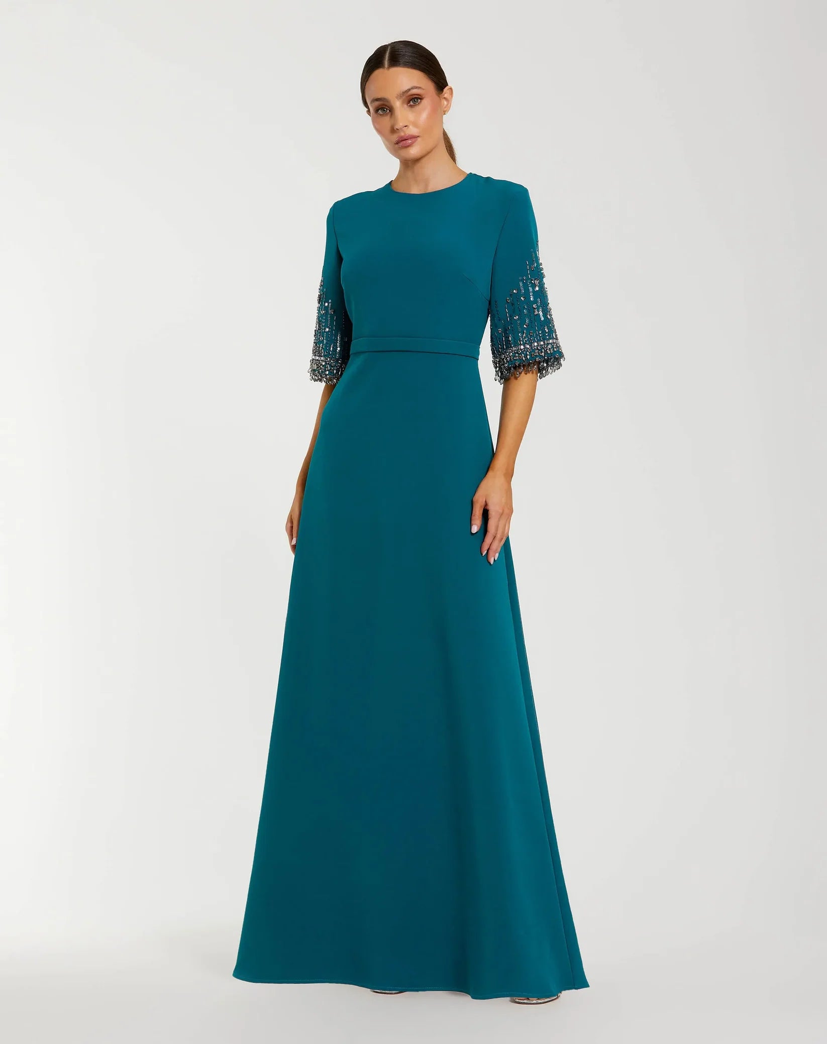 Mac Duggal 2270 Ocean crepe A-line gown with beaded 3/4 sleeves - front
