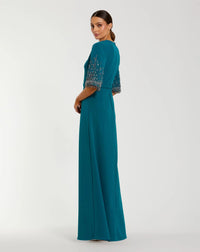 Mac Duggal 2270 Ocean crepe A-line gown with beaded 3/4 sleeves - back