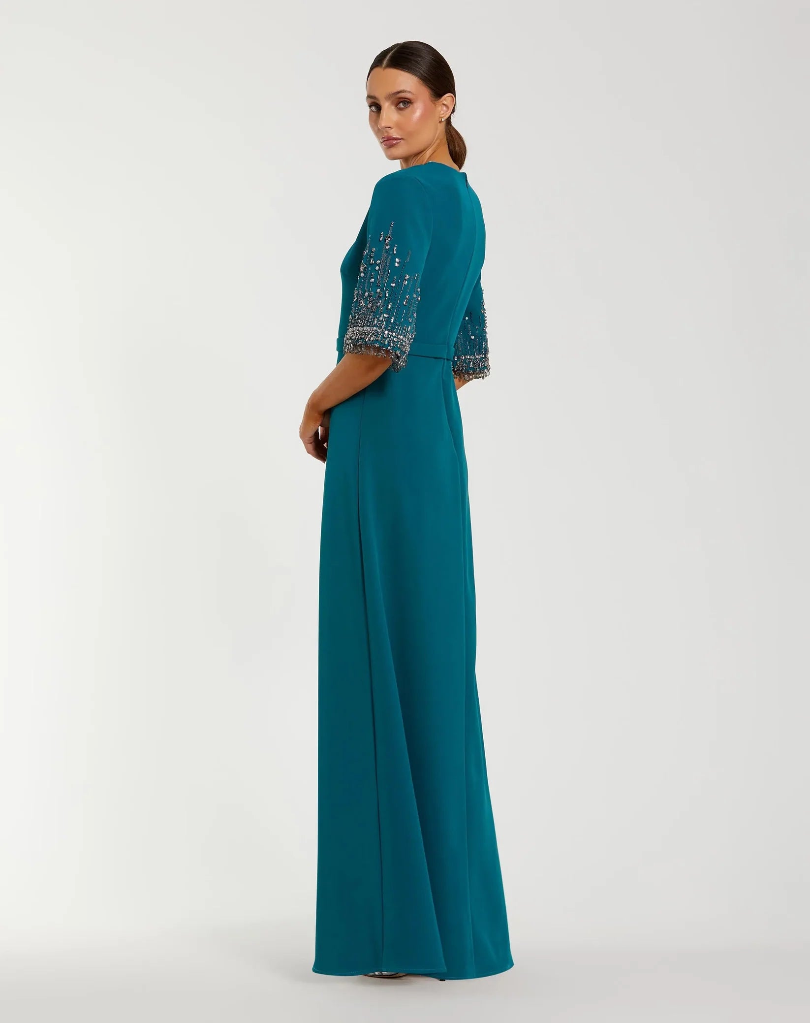 Mac Duggal 2270 Ocean crepe A-line gown with beaded 3/4 sleeves - back