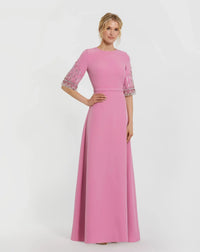 Mac Duggal 2270 Rose crepe A-line gown with beaded 3/4 sleeves - front