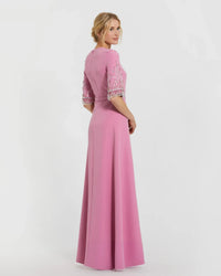 Mac Duggal 2270 Rose crepe A-line gown with beaded 3/4 sleeves - back