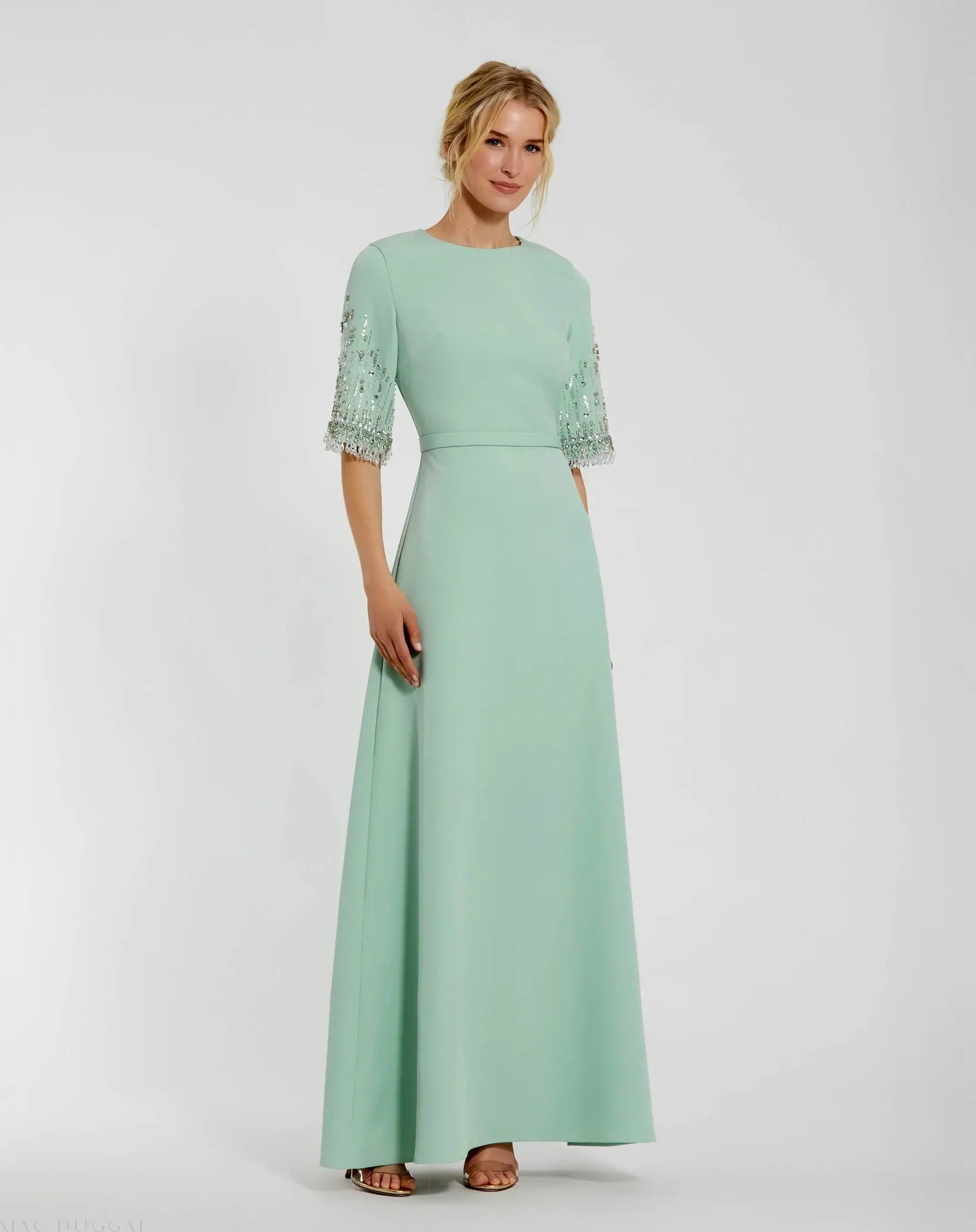 Mac Duggal 2270 Sage crepe A-line gown with beaded 3/4 sleeves - front