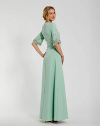 Mac Duggal 2270 Sage crepe A-line gown with beaded 3/4 sleeves - back