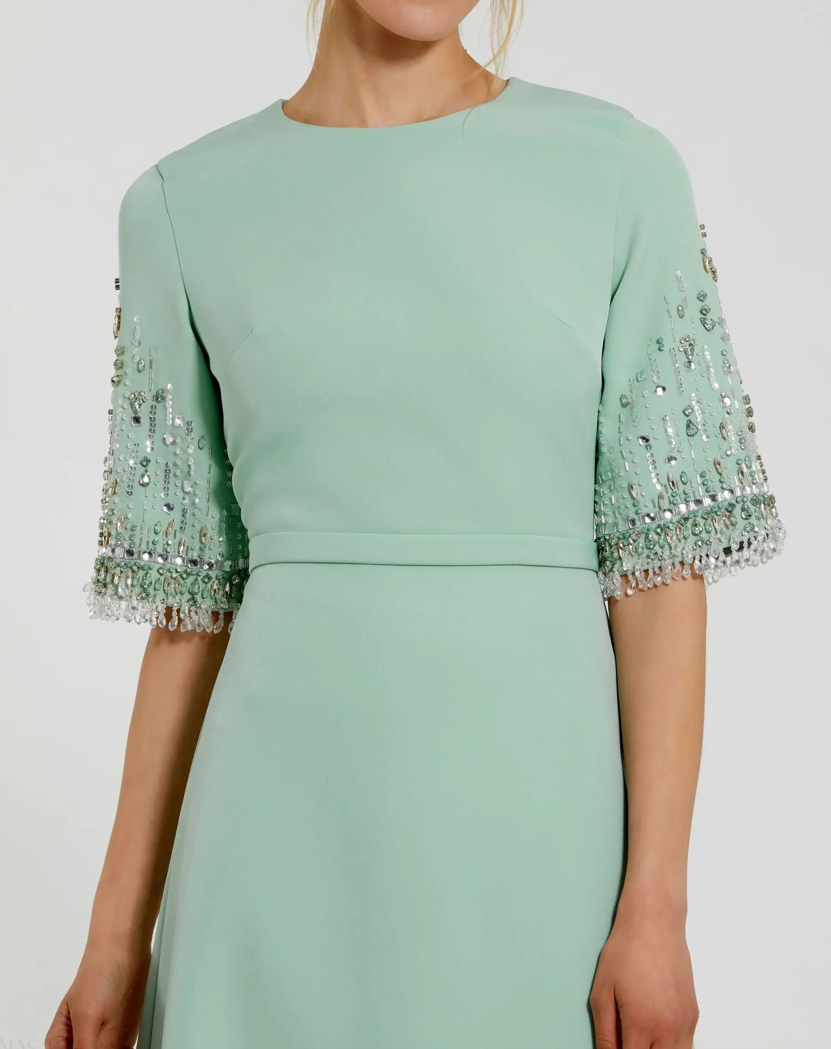 Mac Duggal 2270 Sage crepe A-line gown with beaded 3/4 sleeves - detail
