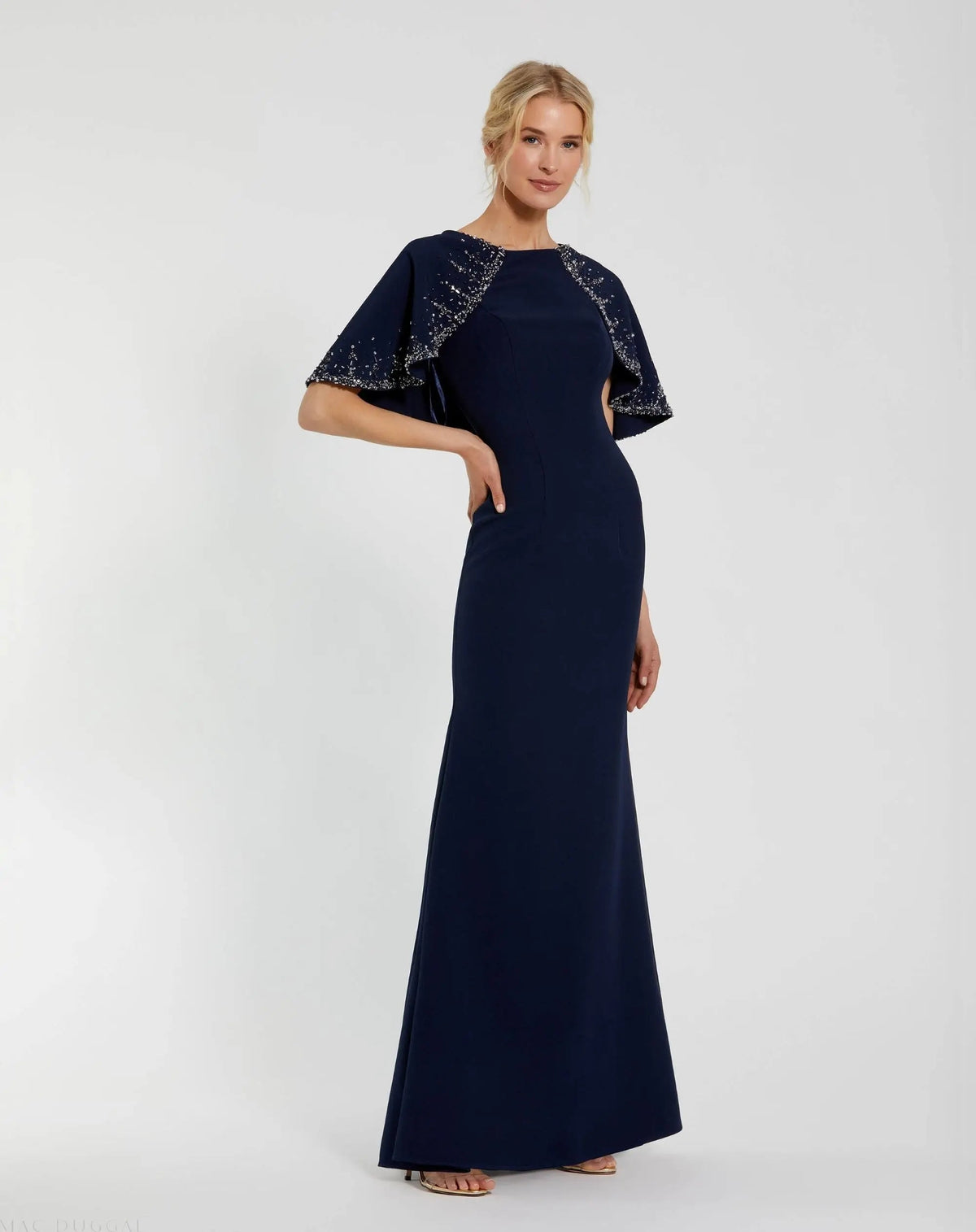 Mac Duggal #2271 midnight crepe high neck fitted gown with beaded shawl