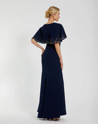 Mac Duggal #2271 midnight crepe high neck fitted gown with beaded shawl