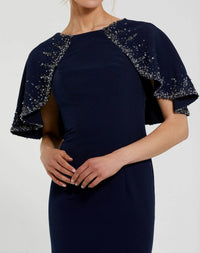 Mac Duggal #2271 midnight crepe high neck fitted gown with beaded shawl