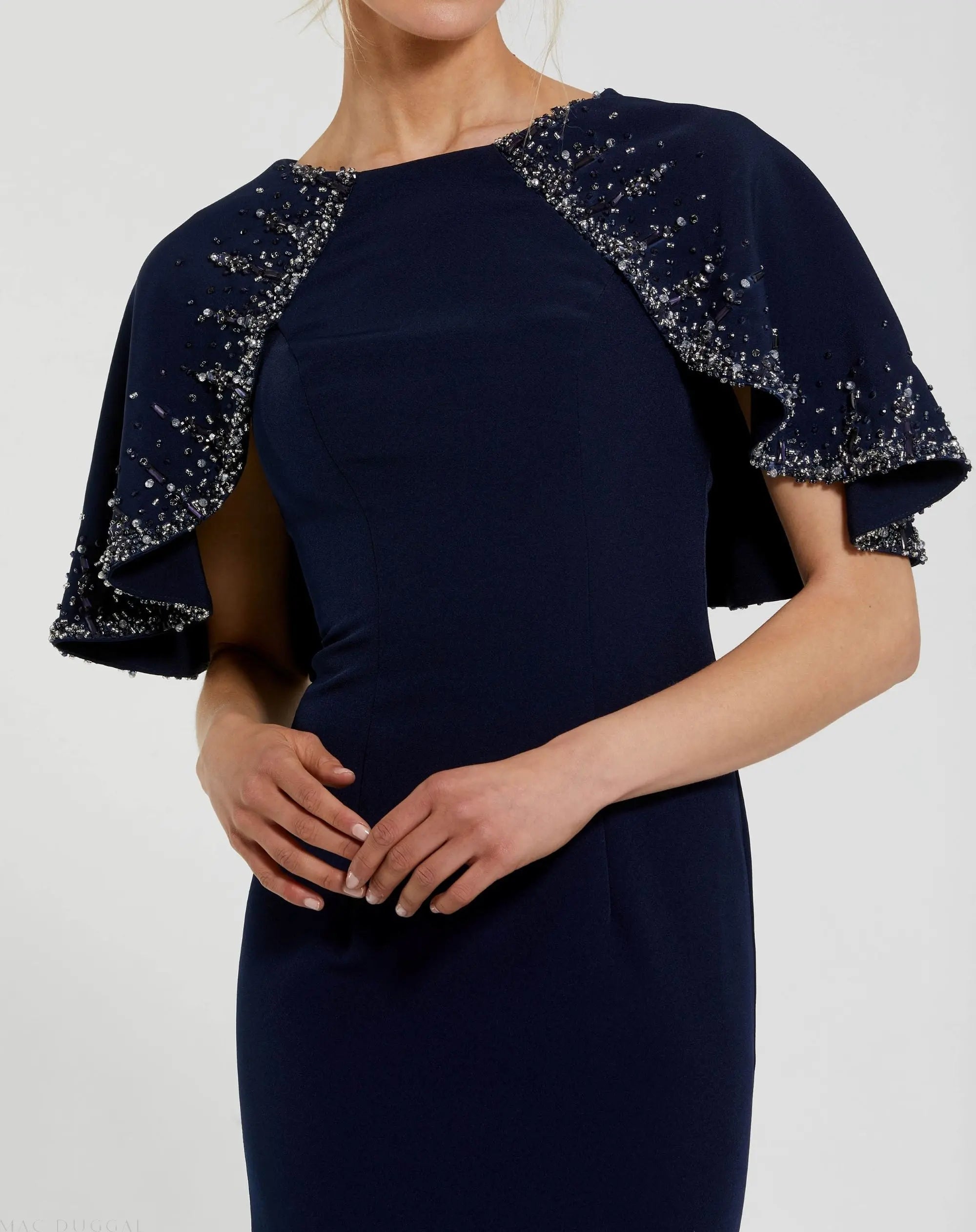 Mac Duggal #2271 midnight crepe high neck fitted gown with beaded shawl