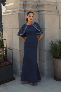 Mac Duggal #2271 midnight crepe high neck fitted gown with beaded shawl
