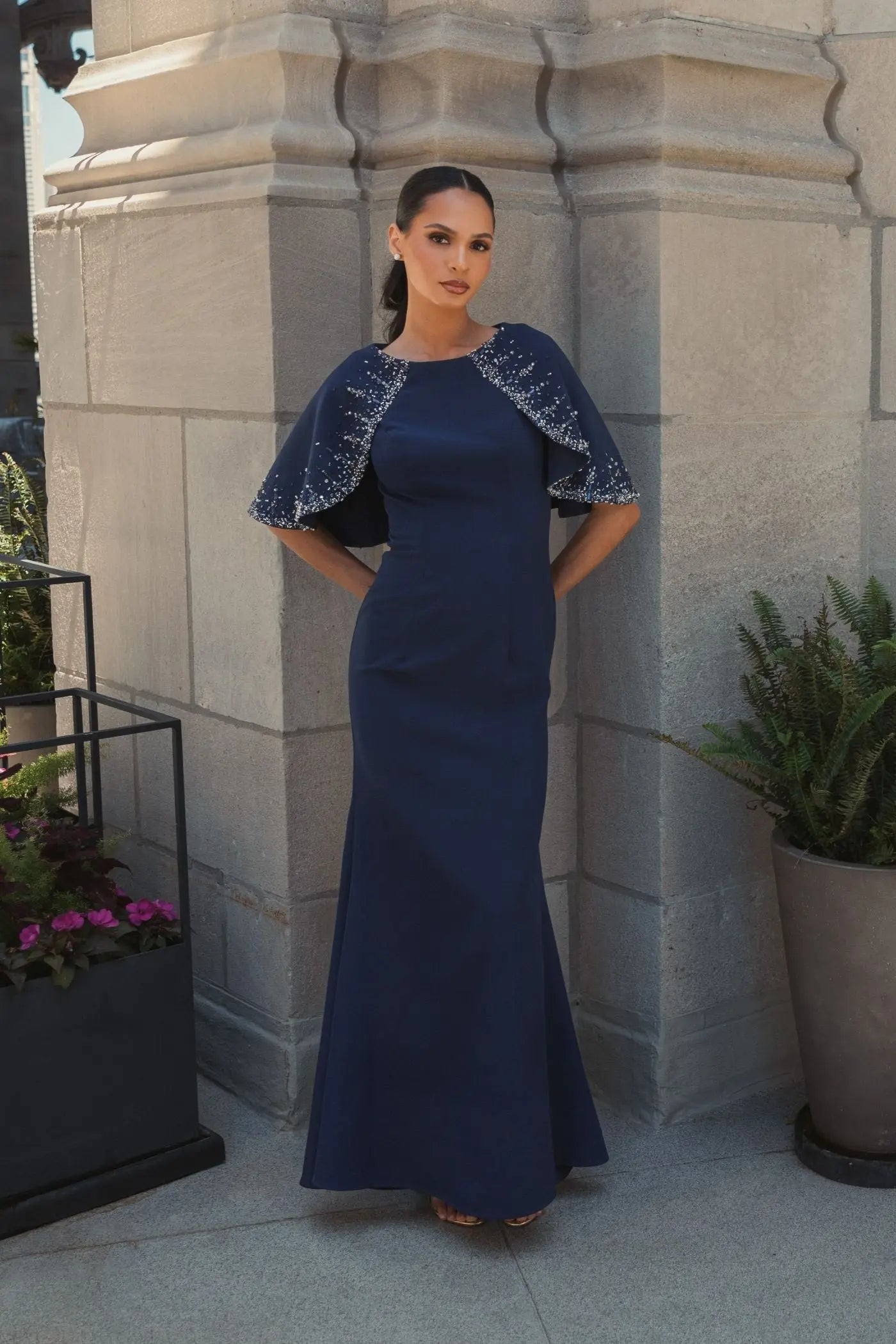 Mac Duggal #2271 midnight crepe high neck fitted gown with beaded shawl