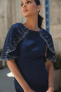 Mac Duggal #2271 midnight crepe high neck fitted gown with beaded shawl