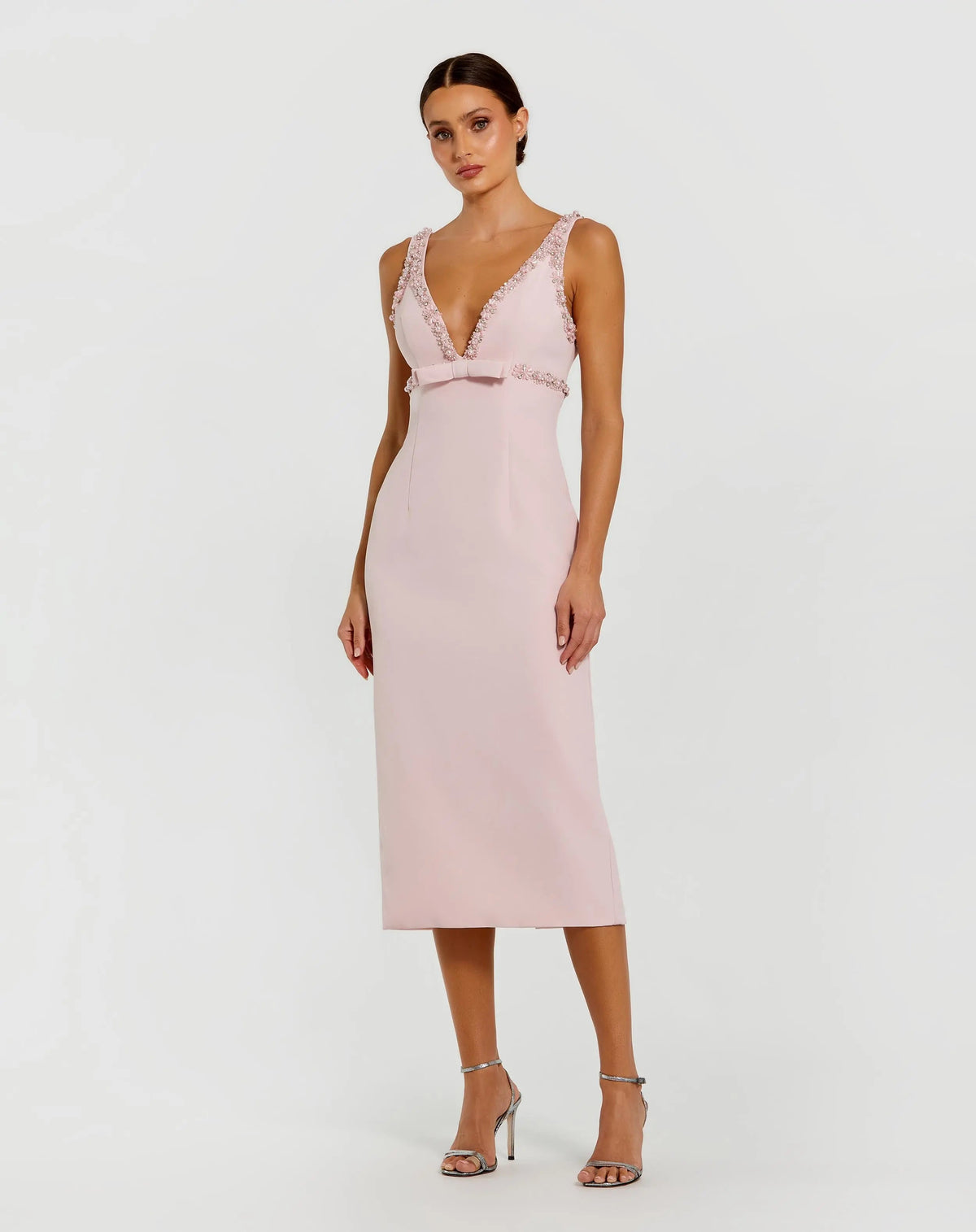 Mac Duggal #2276 Crepe Fitted Midi Dress With Bow And Blush

