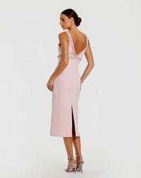 Crepe Fitted Midi Dress With Bow And Beaded Trim - Blush back