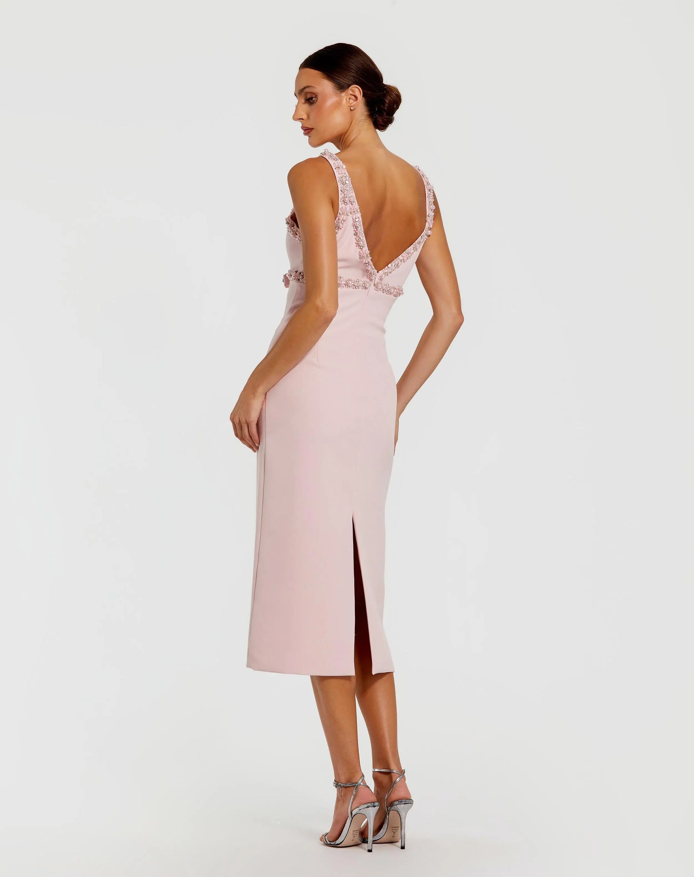 Crepe Fitted Midi Dress With Bow And Beaded Trim - Blush back