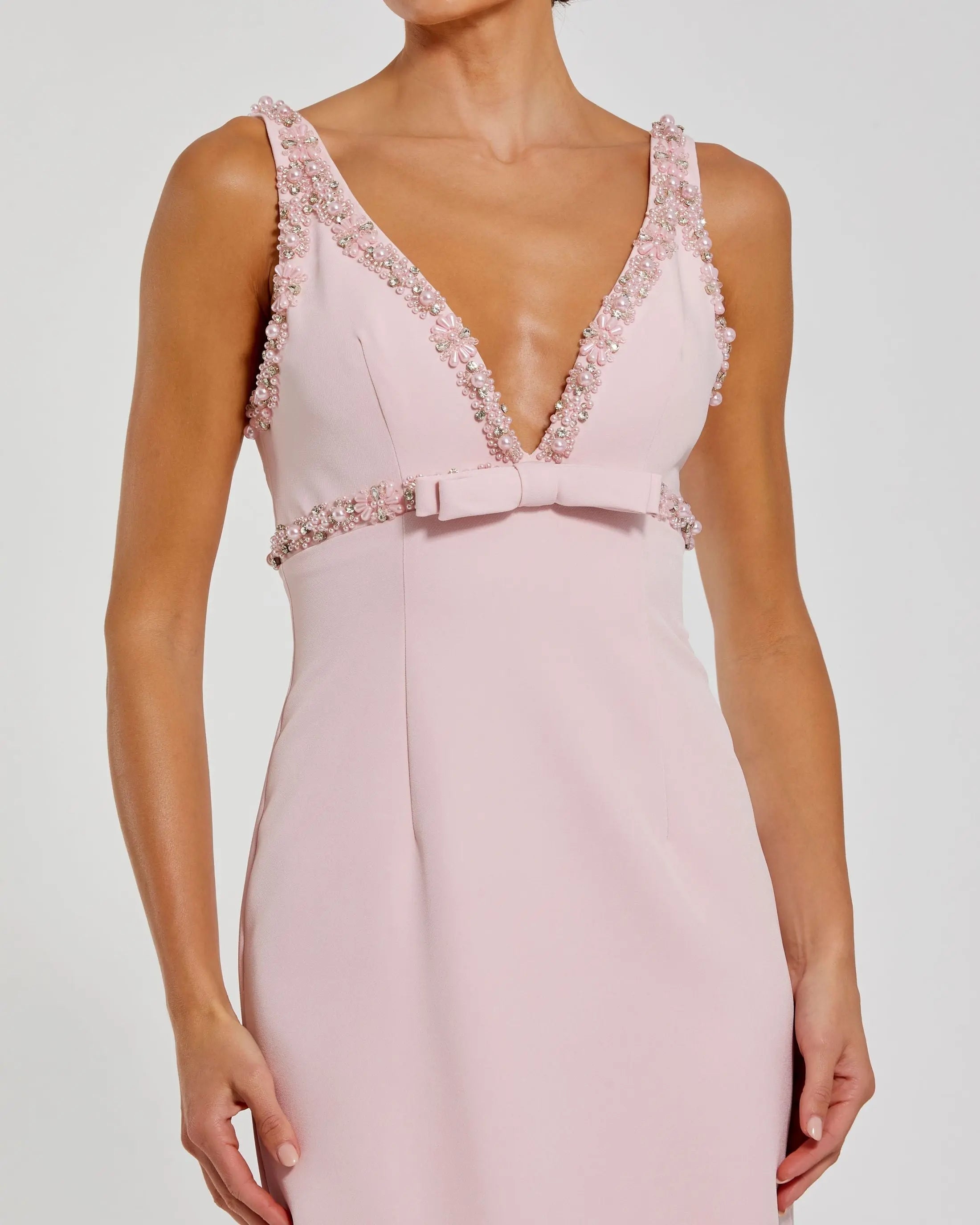 Crepe Fitted Midi Dress With Bow And Beaded Trim - Blush detail