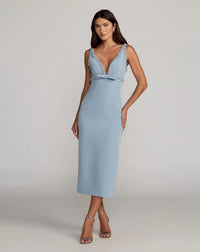 Mac Duggal #2276 Crepe Fitted Midi Dress With Bow And Periwinkle