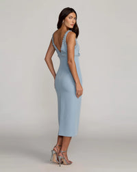 Crepe Fitted Midi Dress With Bow And Beaded Trim - Periwinkle