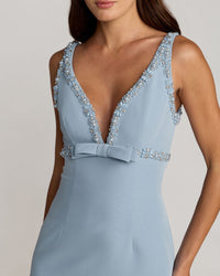 Crepe Fitted Midi Dress With Bow And Beaded Trim - Periwinkle